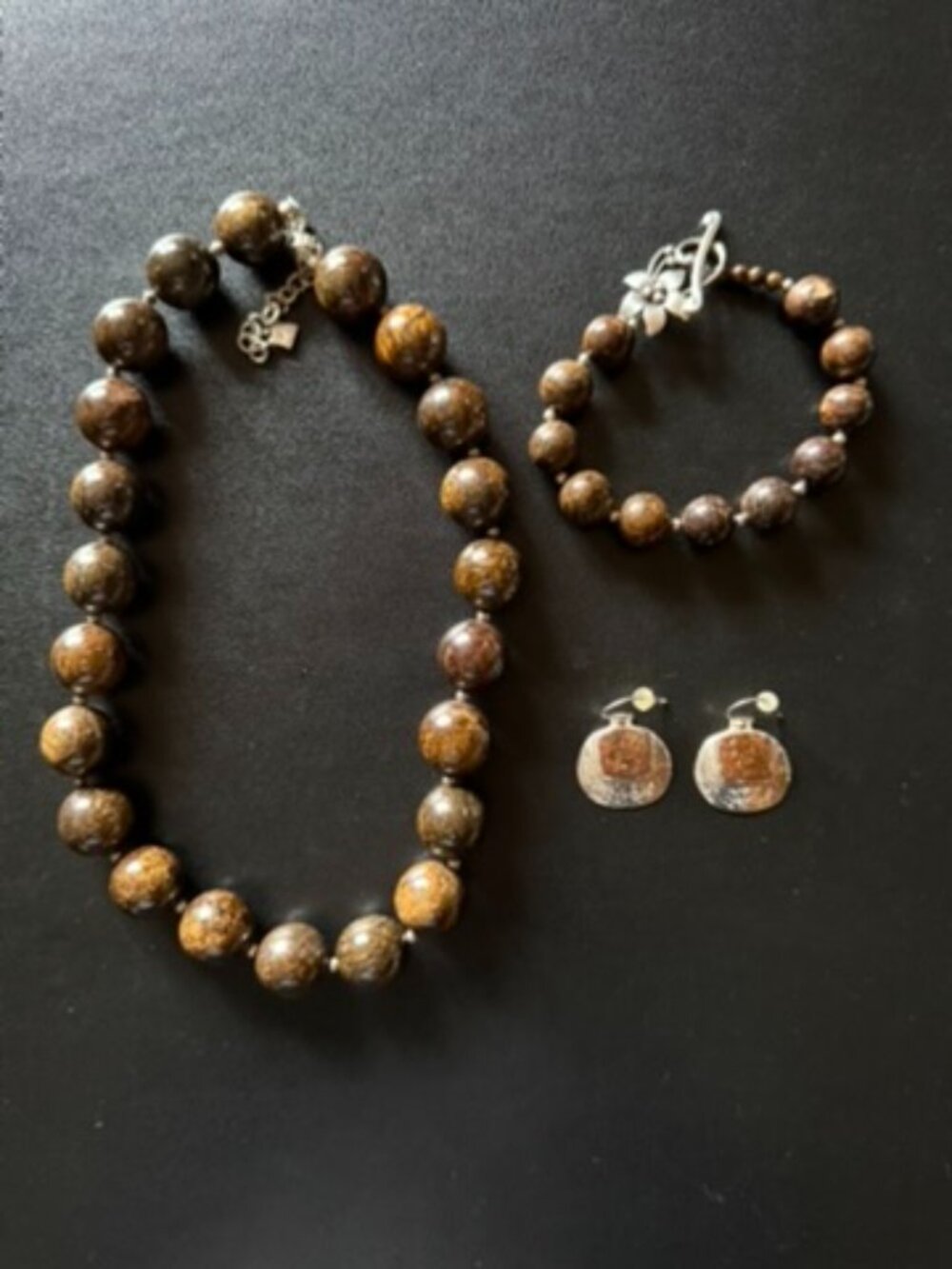 Silpada Brown Flecked Bronzite Stone Necklace, Bracelet and Earrings SET